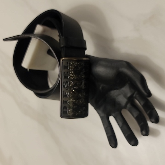 DIESEL 34 Vintage Y2K Black Leather Unisex Edgy Rocker Goth Silver Belt Buckle - Picture 16 of 16